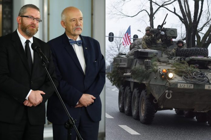 Grzegorz Braun i Janusz Korwin-Mikke, amerykańscy żołnierze w Polsce Źródło: PAP, collage