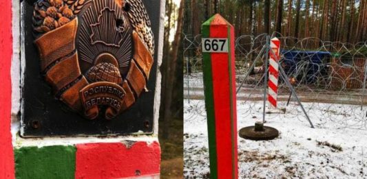 "Ostrzelany" białoruski słup graniczny na granicy z Polską. Foto: tter