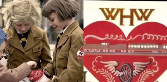 Dzieci z Hitlerjugend zbierające pieniądze do puszek oraz serduszko z Winterhilfswerk/Fot. screen Twitter (kolaż)