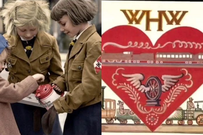 Dzieci z Hitlerjugend zbierające pieniądze do puszek oraz serduszko z Winterhilfswerk/Fot. screen Twitter (kolaż)