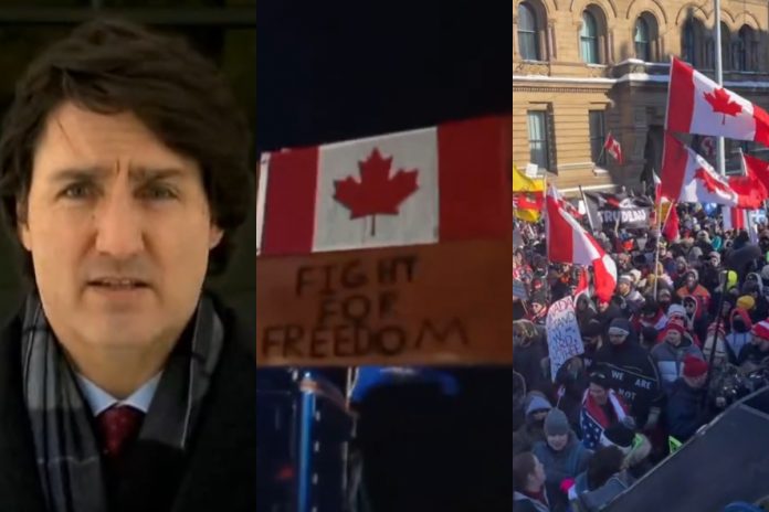 Justin Trudeau oraz kadry z protestów w Kanadzie. / foto: screen Twitter: @disclosetv/@SydFizzard / screen TikTok: @freedomboys (kolaż)