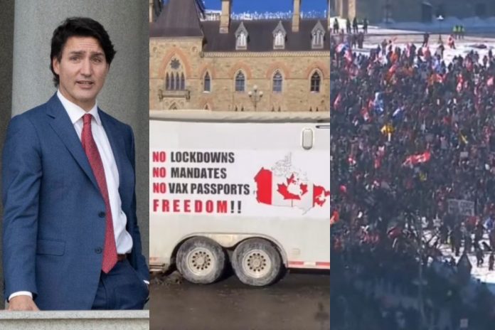 Justin Trudeau oraz kadry z protestu w Ottawie. / foto: PAP / screen Twitter: @TPostMillennial / screen Twitter: @AnonymeCitoyen (kolaż)