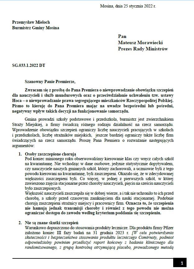 Pismo burmistrza Mielocha do premiera Morawieckiego.