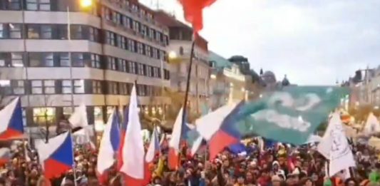 Protest w Pradze (Czechy). / foto: screen Twitter: @BananaMediaQ
