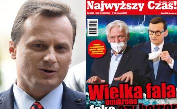 Tomasz Sommer oraz okładka numeru "Najwyższego Czasu" 03-04 (2022). / foto: PAP/nczas.com
