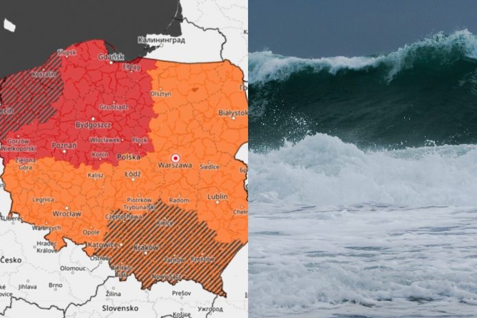 Mapa alertów IMGW, wzburzone morze Źródło: IMGW/Twitter, Pixabay, collage