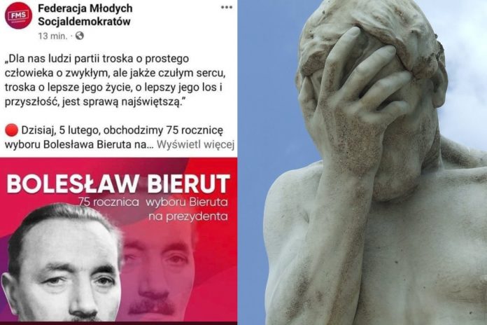 Wpis na FB, Facepalm Źródło: FB/Federacja Młodych Socjaldemokratów, Pexels, collage