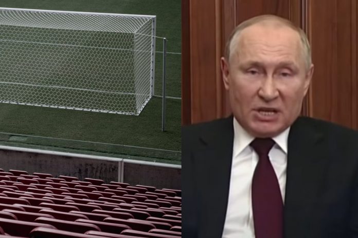 Puste trybuny na stadionie, Władimir Putin Źródło: Pexels, YouTube, collage
