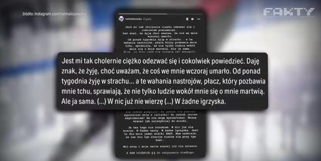 Ocenzurowane oświadczenie Maliszewskiej w Faktach TVN24/Fot. screen TVN24