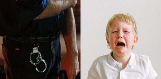 policjant, płaczące dziecko, obraz ilustr. Źródło: Pexels, collage