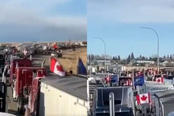 Protesty i blokada przejścia granicznego między Kanadą i USA w Albercie. / foto: screen Twitter: @JackPosobiec (kolaż)