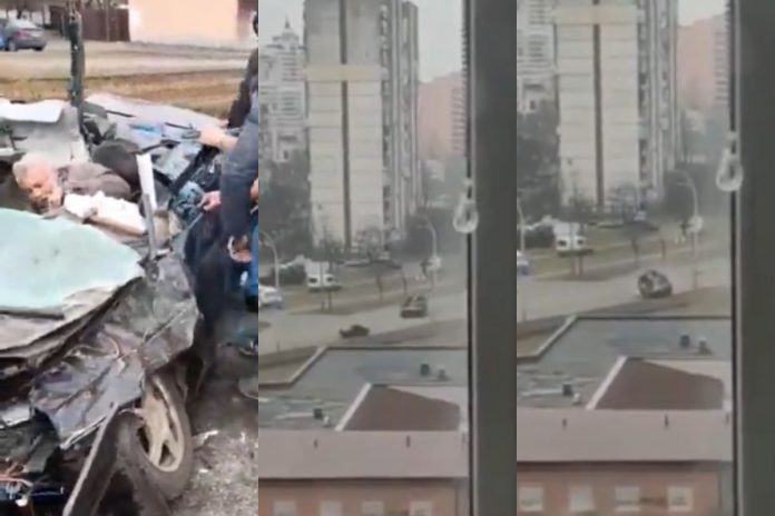 Rosyjski wóz wojskowy przejeżdża po samochodzie cywilnym Źródło: Twitter/Konfederacja