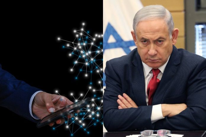 Telefon w dłoni oraz były premier Izraela Benjamin Netanjahu. / foto: Pixabay / PAP/EPA (kolaż)