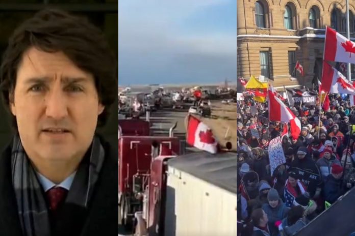 Justin Trudeau oraz kadry z protestów w Kanadzie. / foto: screen Twitter: @disclosetv/@JackPosobiec / screen TikTok: @freedomboys (kolaż)