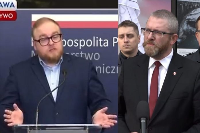 Rzecznik polskiego MSZ i poseł Grzegorz Braun//Fot. screen Twitter/Facebook (kolaż)