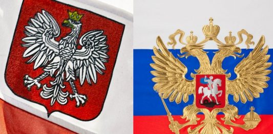 Flagi Polski i Rosji z godłami Źródło: Pixabay, Wikimedia, collage