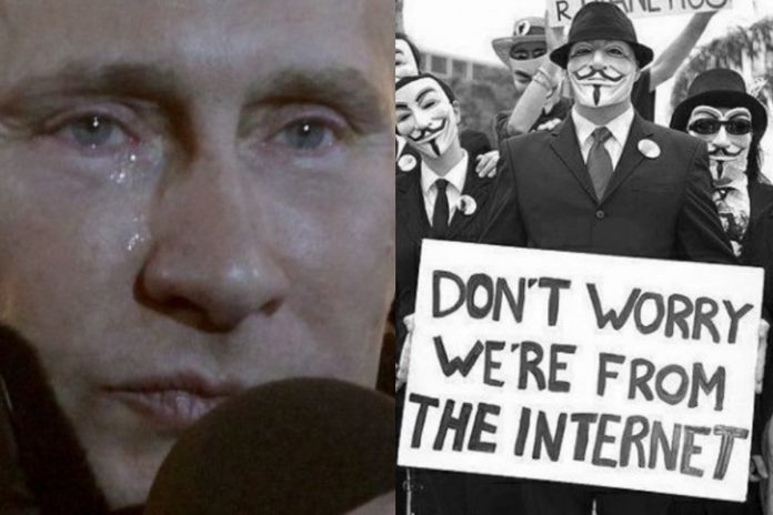 Putin_Anonimous_hakerzy_nczas Władimir Putin, Anonimous Źródło: YouTube, Twitter, collage