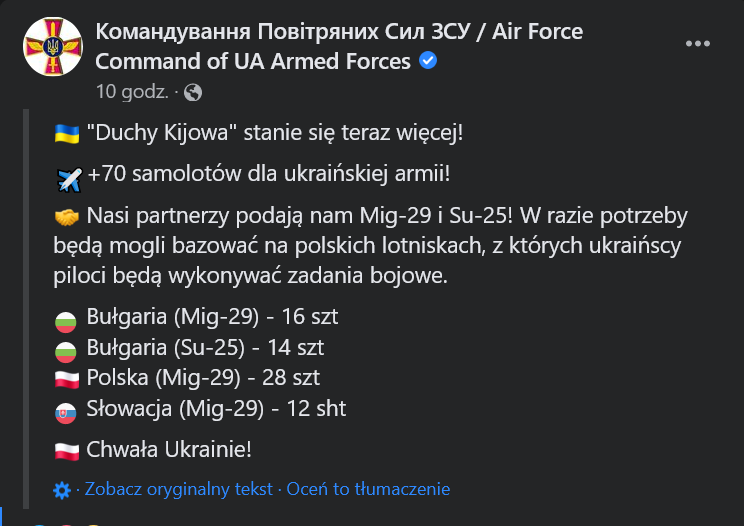 Informacja z FB ukraińskiego dowództwa sił zbrojnych