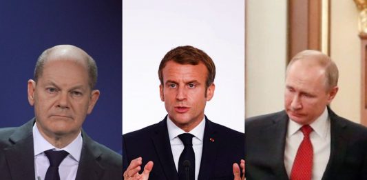 Olaf Scholz, Emmanuel Macron oraz Władimir Putin. / Foto: PAP (kolaż)