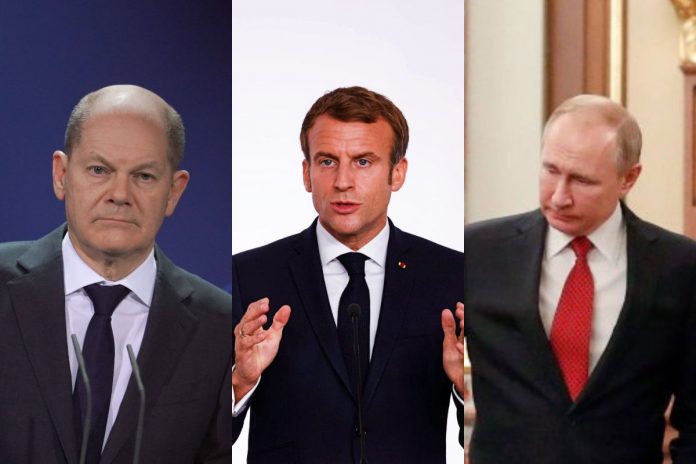 Olaf Scholz, Emmanuel Macron oraz Władimir Putin. / Foto: PAP (kolaż)