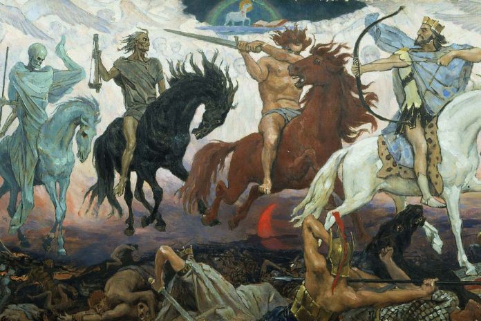 Jeźdźcy Apokalipsy. Od prawej: Zwycięzca, Wojna, Głód i Śmierć. Autor obrazu: Viktor Vasnetsov, 1887