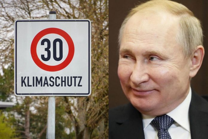 Klimatyczne ograniczenie prędkości oraz Władimir Putin/Fot. Pixabay/PAP (kolaż)