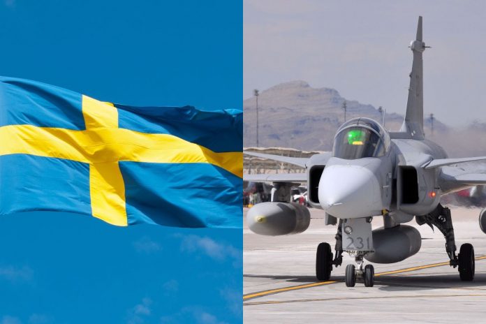 Flaga Szwecji oraz myśliwiec Saab JAS 39 Gripen. / foto: Pixabay/Domena publiczna (kolaż)