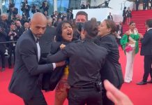 Aktywistka na czerwonym dywanie w Cannes/Fot. screen Twitter