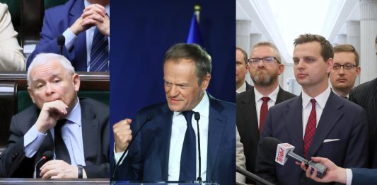 Jarosław Kaczyński (PiS), Donald Tusk (PO-KO), posłowie Konfederacji: Grzegorz Braun, Jakub Kulesza, Robert Winnicki Źródło: PAP, collage