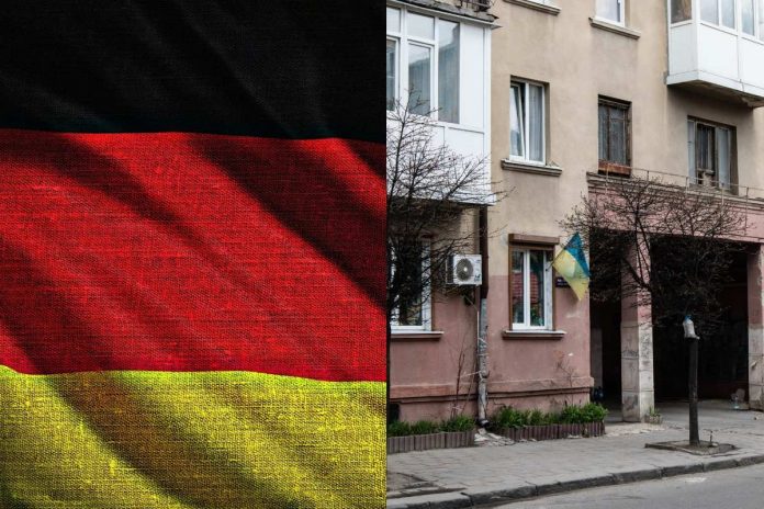 Flaga Niemiec, ukraińska flaga na budynku Źródło: Pixabay, Pexels, collage