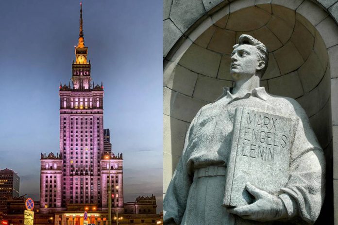 Pałac Kultury, pomnik pod Pałacem Kultury i Nauki w Warszawie Źródło: Pixabay, PAP, collage