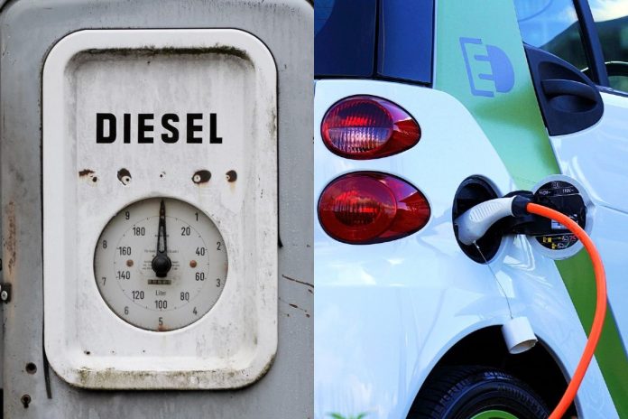 Diesel i samochód elektryczny podczas ładowania/Zdjęcie ilustracyjne/Fot. Pixabay (kolaż)
