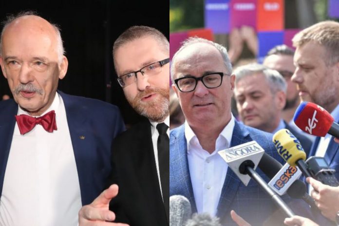 Janusz Korwin-Mikke i Grzegorz Braun oraz Włodzimierz Czarzasty, Robert Biedroń i Adrian Zandberg. / foto: PAP (kolaż)