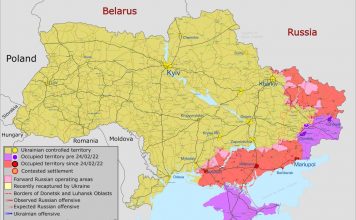 Orientacyjna mapa terenów Ukrainy zajętych przez wojska rosyjskie na dzień 20 maja 2022 r. Foto: tter/Ukraine War Map