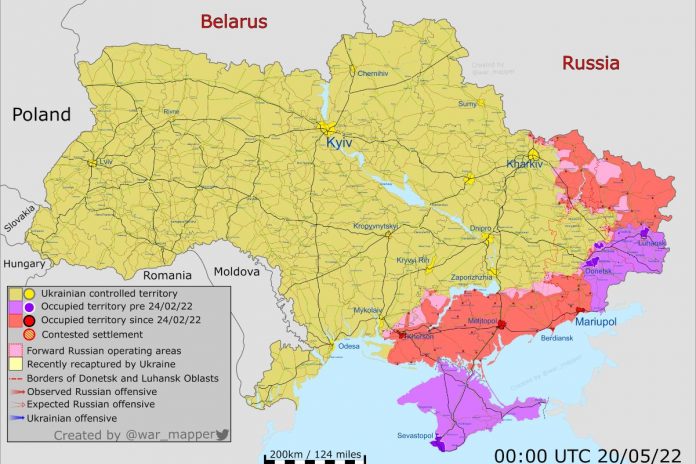 Orientacyjna mapa terenów Ukrainy zajętych przez wojska rosyjskie na dzień 20 maja 2022 r. Foto: tter/Ukraine War Map