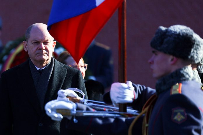 Kanclerz Olaf Scholz podczas wizyty w Rosji, luty 2022 r. Foto: PAP/EPA