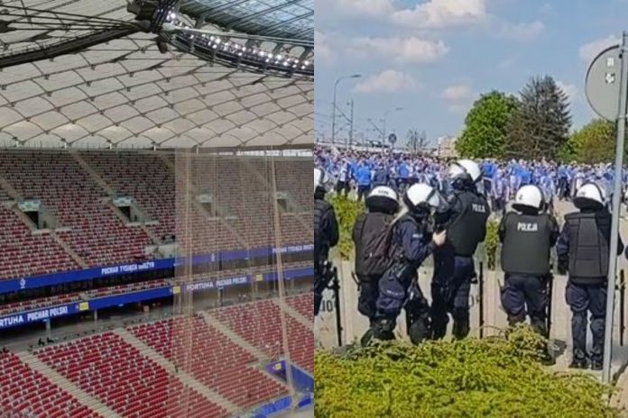 Pusta trybuna na Stadionie Narodowym oraz policja i kibice Lecha Poznań pod stadionem. / foto: screen Twitter: @sobieckimateusz (kolaż)