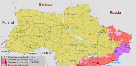 Tereny Ukrainy zajęte przez Rosjan na dzień 25 maja 2022 r. Mapa poglądowa. Źródło: tter