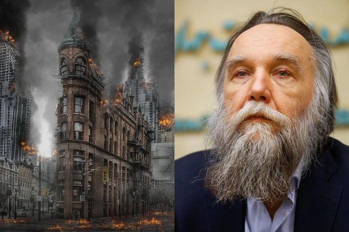 Dugin_wojna_nczas Zniszczone miasto, Aleksander Dugin Źródło: Pixabay, WikiMedia, collage