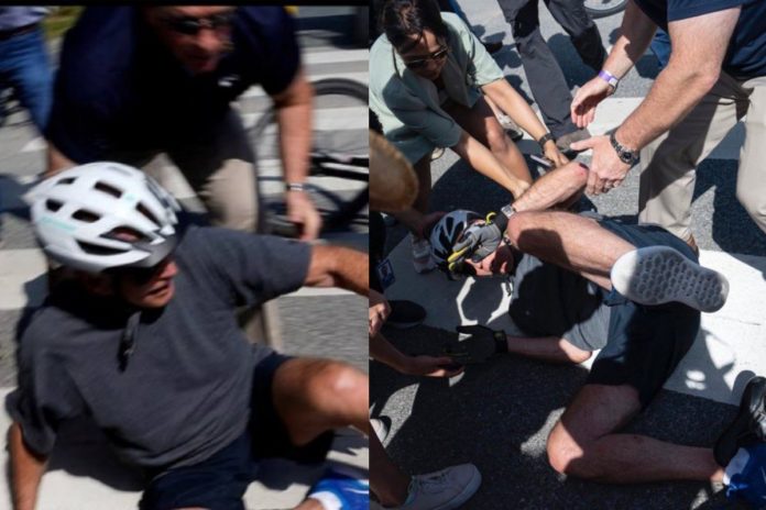 Joe Biden spadł z roweru Źródło: Twitter/@JimmyFalk_55, Twitter/@TitusPullo_13th, collage