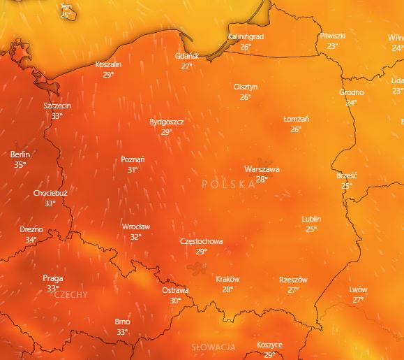 Prognoza temperatury powietrza na godz. 15:00 w poniedziałek 25 lipca 2022 r.