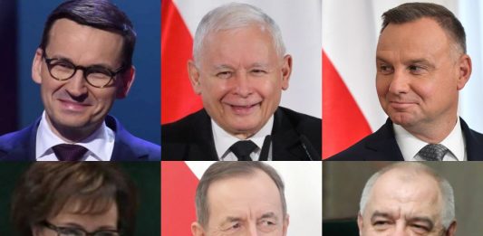 Mateusz Morawiecki, Jarosław Kaczyński, Andrzej Duda, Elżbieta Witek, Tomasz Grodzki, Jacek Sasin Źródło: PAP, YouTube, collage