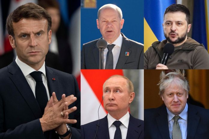 Emmanuel Macron, Olaf Scholz, Wołodymyr Zełenski, Władimir Putin oraz Boris Johnson