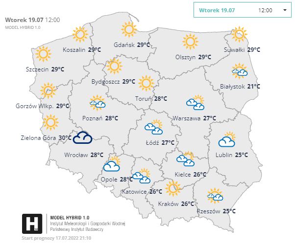 Prognoza pogody, wtorek 19.07.2022r. (IMGW)