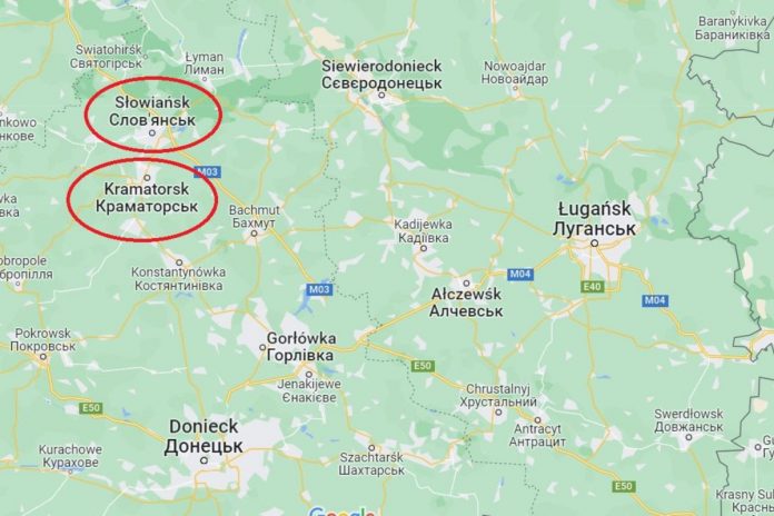 slowiansk-kramatorsk-donieck Słowiańsk i Kramatorsk zaznaczone na mapie