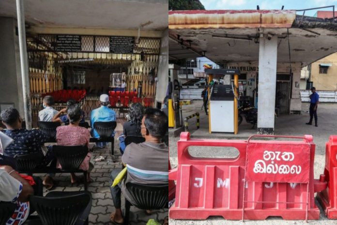 Ludzie czekają na leki w ambulatorium w Szpitalu Narodowym w Kolombo oraz uzbrojony personel wojskowy na straży na zamkniętej stacji benzynowej. Zdjęcie ilustracyjne. / Foto: PAP/EPA (kolaż)