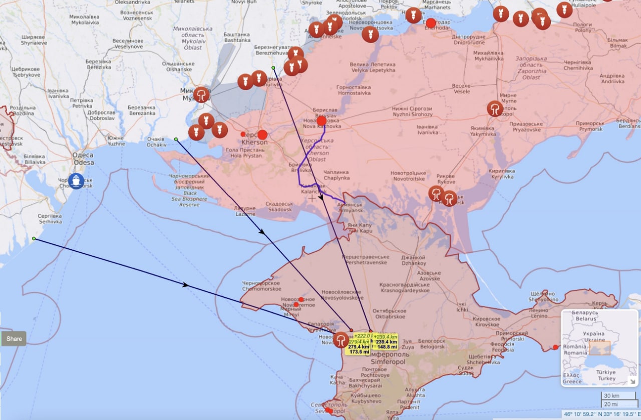 Miejsce eksplozji i odległości od ukraińskich pozycji.