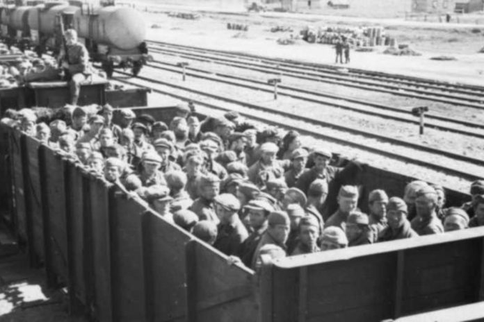 Jency-sowieccy Sowieccy jeńcy podczas transportu Fot. Wikipedia CC 3.0 Autor: Bundesarchiv