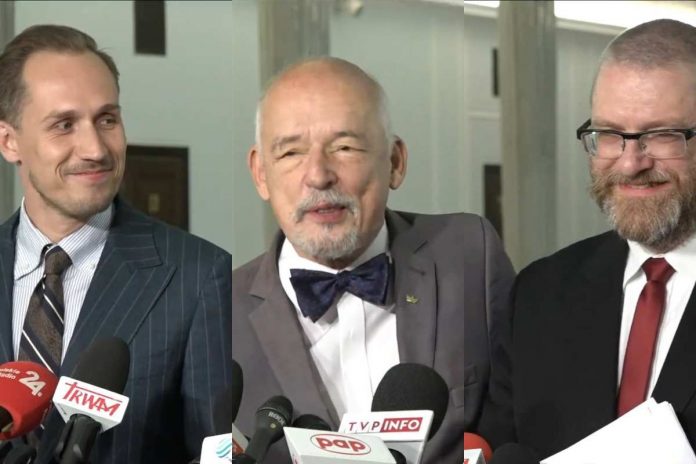 Konrad Berkowicz, Janusz Korwin-Mikke i Grzegorz Braun podczas konferencji prasowej / Foto: screen YouTube/Grzegorz Braun (kolaż)