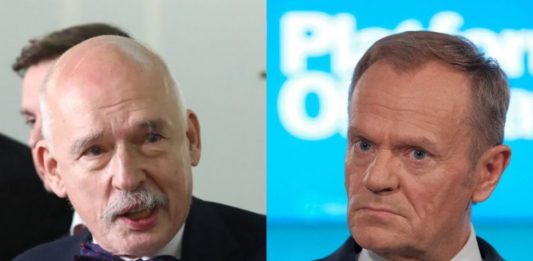 Janusz Korwin-Mikke, Donald Tusk Źródło: PAP, collage